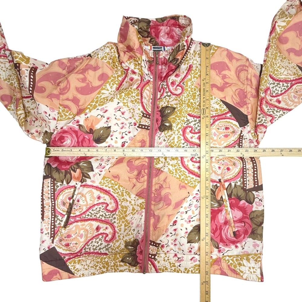 Vintage EVR Silk Bomber Jacket Large Pink Floral Pastel Paisley 90s Windbreaker - Picture 3 of 8